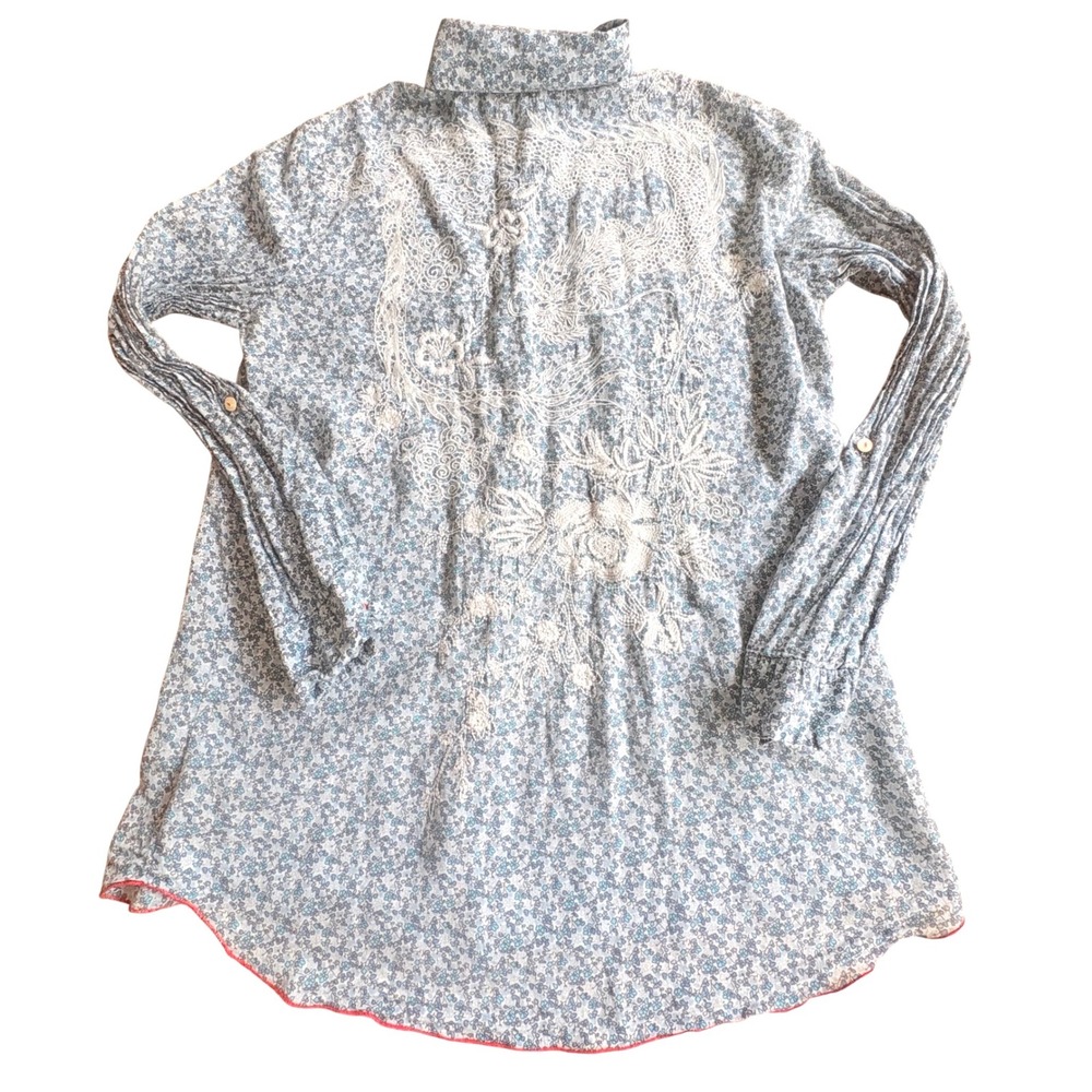 Johnny Was Workshop Blue Floral Dragon Embroidered Lace Button Down Shirt XS